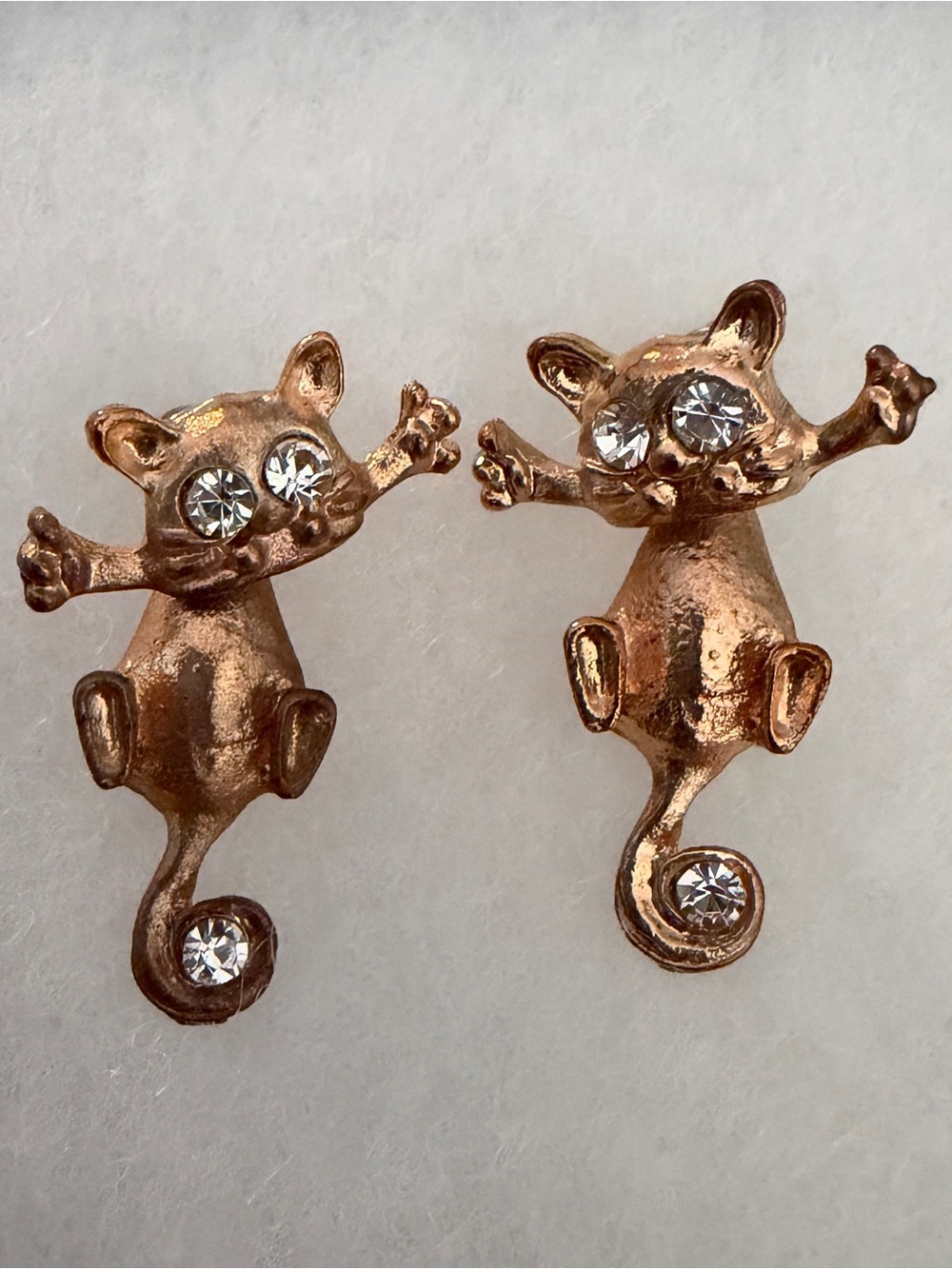 Vintage Cat Rhinestone Accent Earrings in Rose Gold